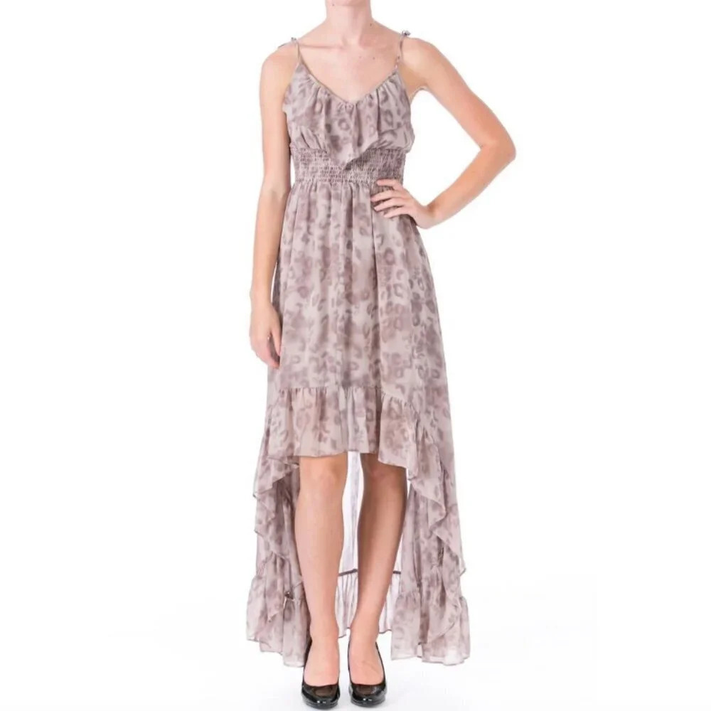 Vintage Guess Women's Medium M Y2K Leopard Printed Chiffon Hi-Low Ruffle Dress
